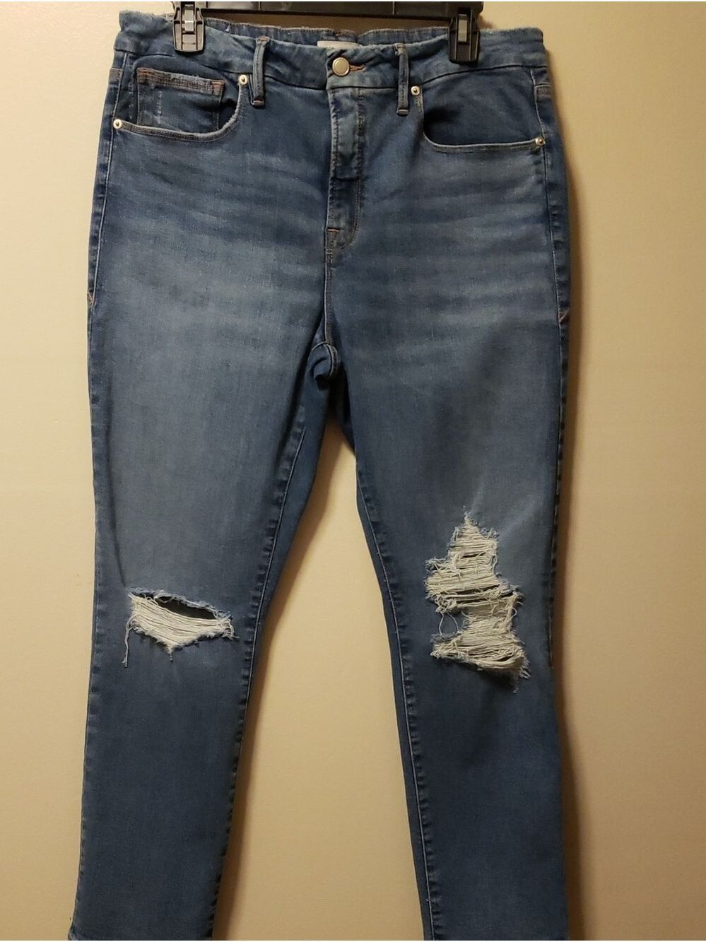 Good American Washed Blue Boyfriend Jeans with Knee Distress
